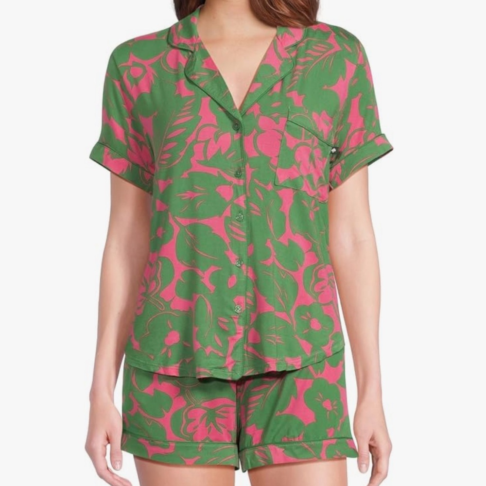 Kate Spade Tropical Floral Leaf Print Pajama Set Shorts Modal Pink Green Medium